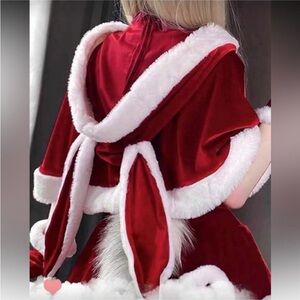 Christmas Holidays Red and White Velvet Bunny Hooded Cape